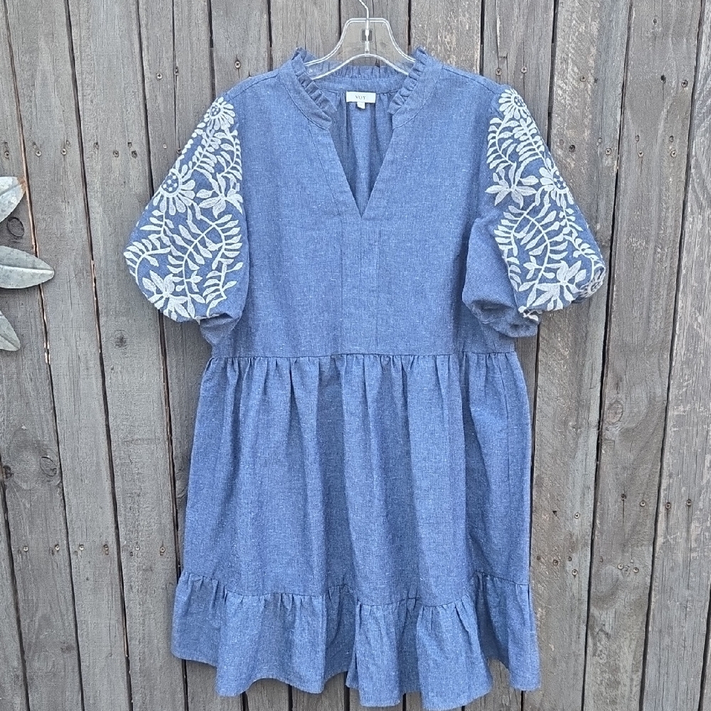 VOY Blue Dress with White Floral Sleeves Size M
